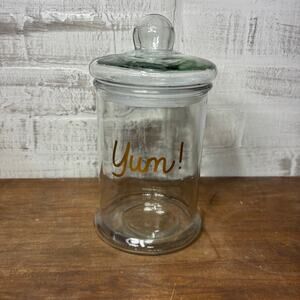 Clear Glass “Yay” Lidded Canister with Gold Lettering | 9" Tall